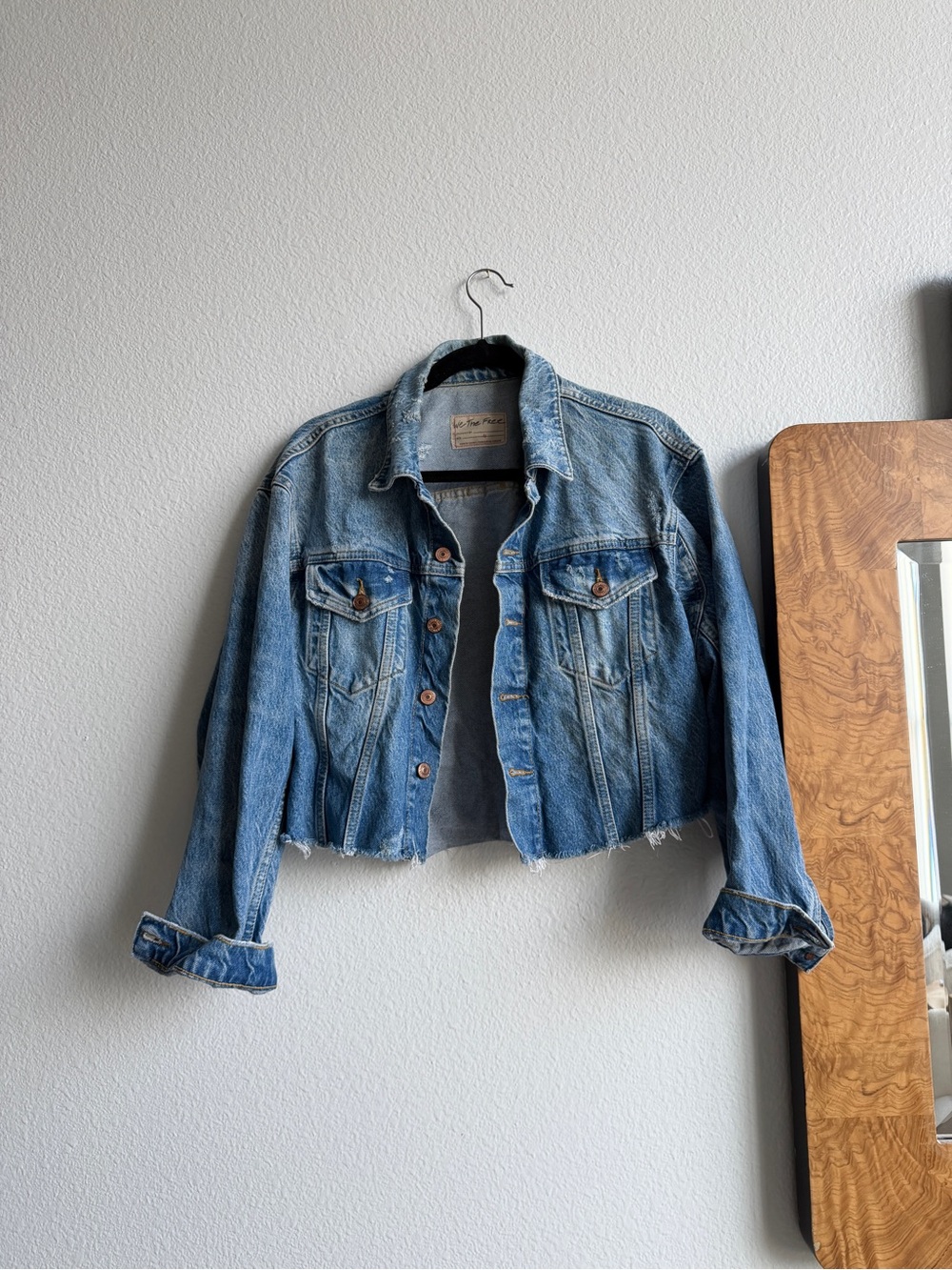 Free People Distressed Light Blue Cropped Denim Jacket